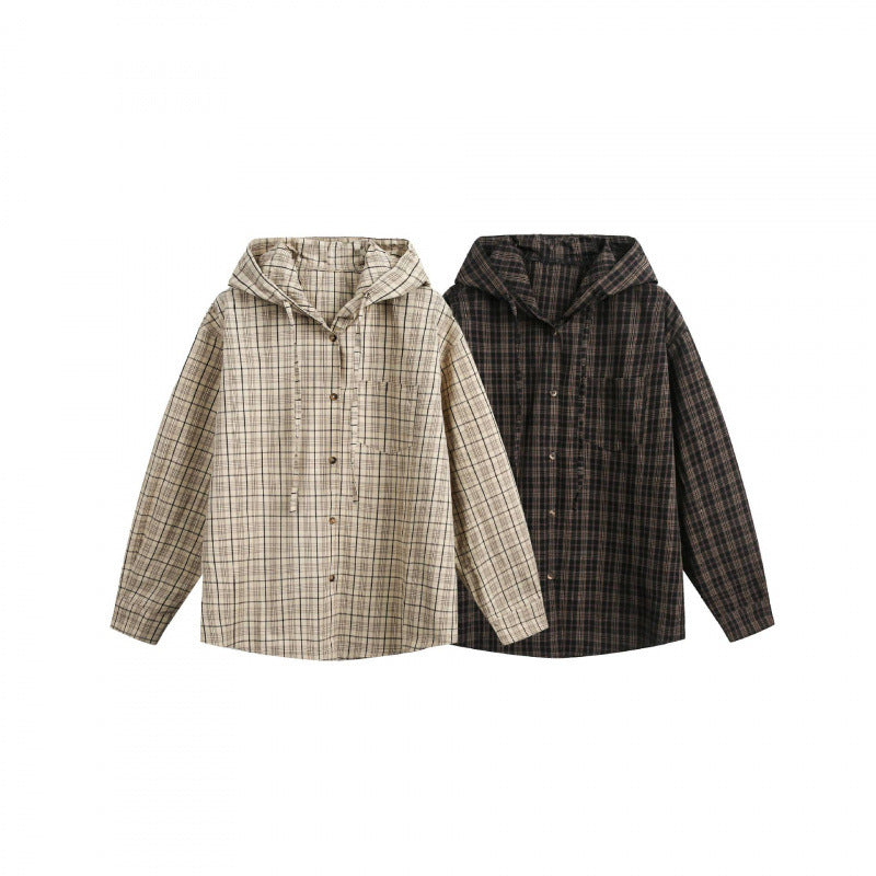Unisex wide checkered hooded shirt jacket made of cotton flannel with patch breast pocket Mune Fashion