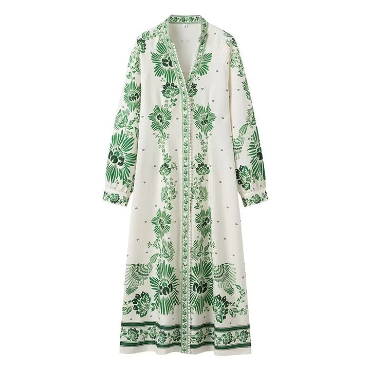 Women’s maxi dress in boho shirt style with stand-up collar and full button placket Mune Fashion