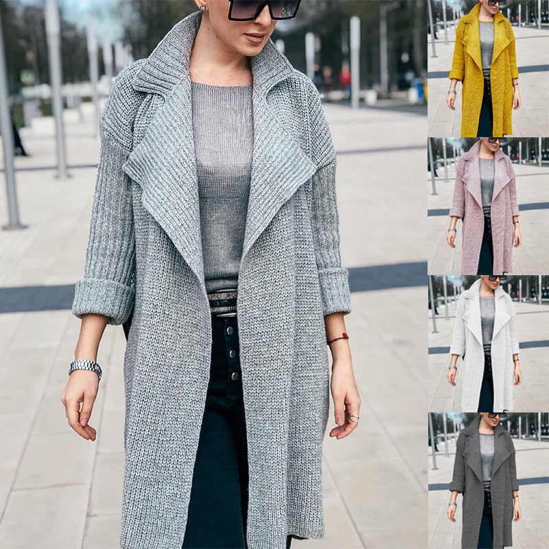 Women Long Open Knit Coat with Shawl Collar and Cuffed Sleeves Mune Fashion