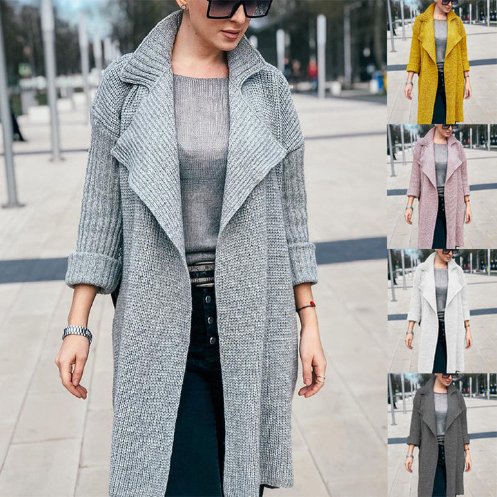 Women Long Open Knit Coat with Shawl Collar and Cuffed Sleeves Mune Fashion