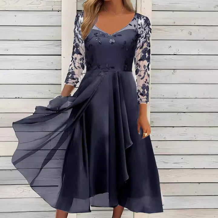 Women's V-neck chiffon midi dress with embroidered bodice, transparent three-quarter sleeves, and asymmetric layered skirt Mune Fashion