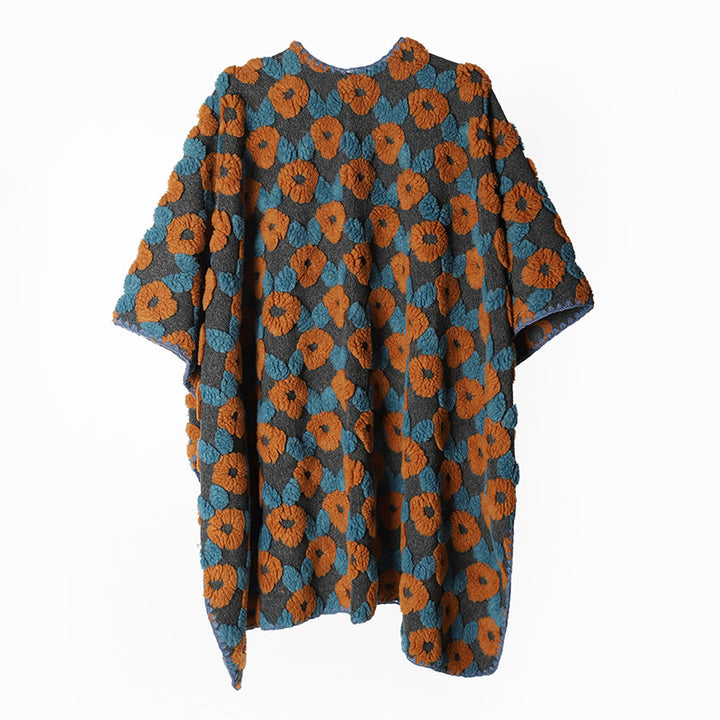 Women's Structured Boucle Cape Poncho with Floral 3D Texture Mune Fashion