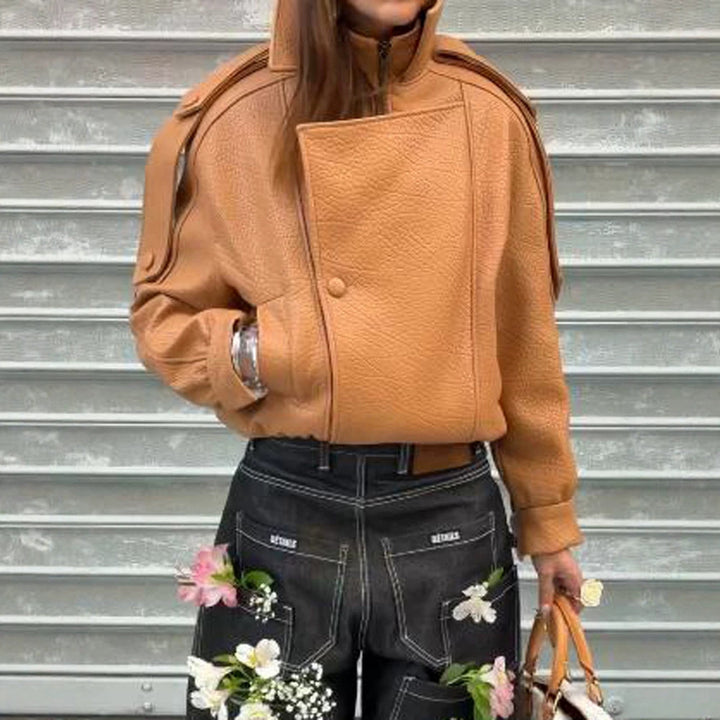 Ladies Cropped Oversized Jacket made of textured synthetic leather with a high stand-up collar Mune Fashion