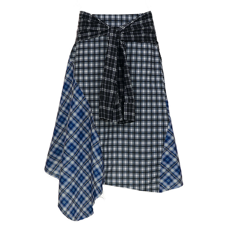 Women Asymmetric Midi Skirt in Checkered Patchwork with Waist Ties Mune Fashion