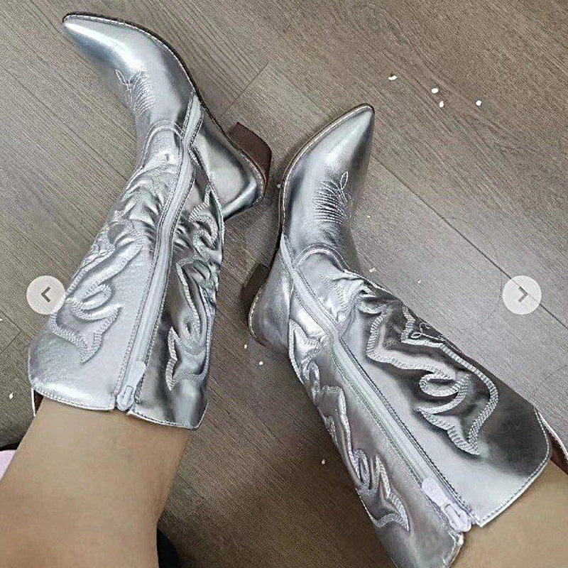 Ladies nan metallic western boots with mid-high shaft decorative embroidery and side zipper Mune Fashion