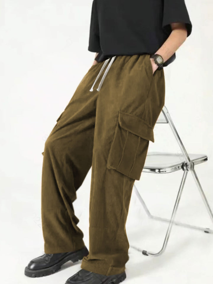 Men's loose wide corduroy cargo pants with drawstring waistband and large flap pockets Mune Fashion
