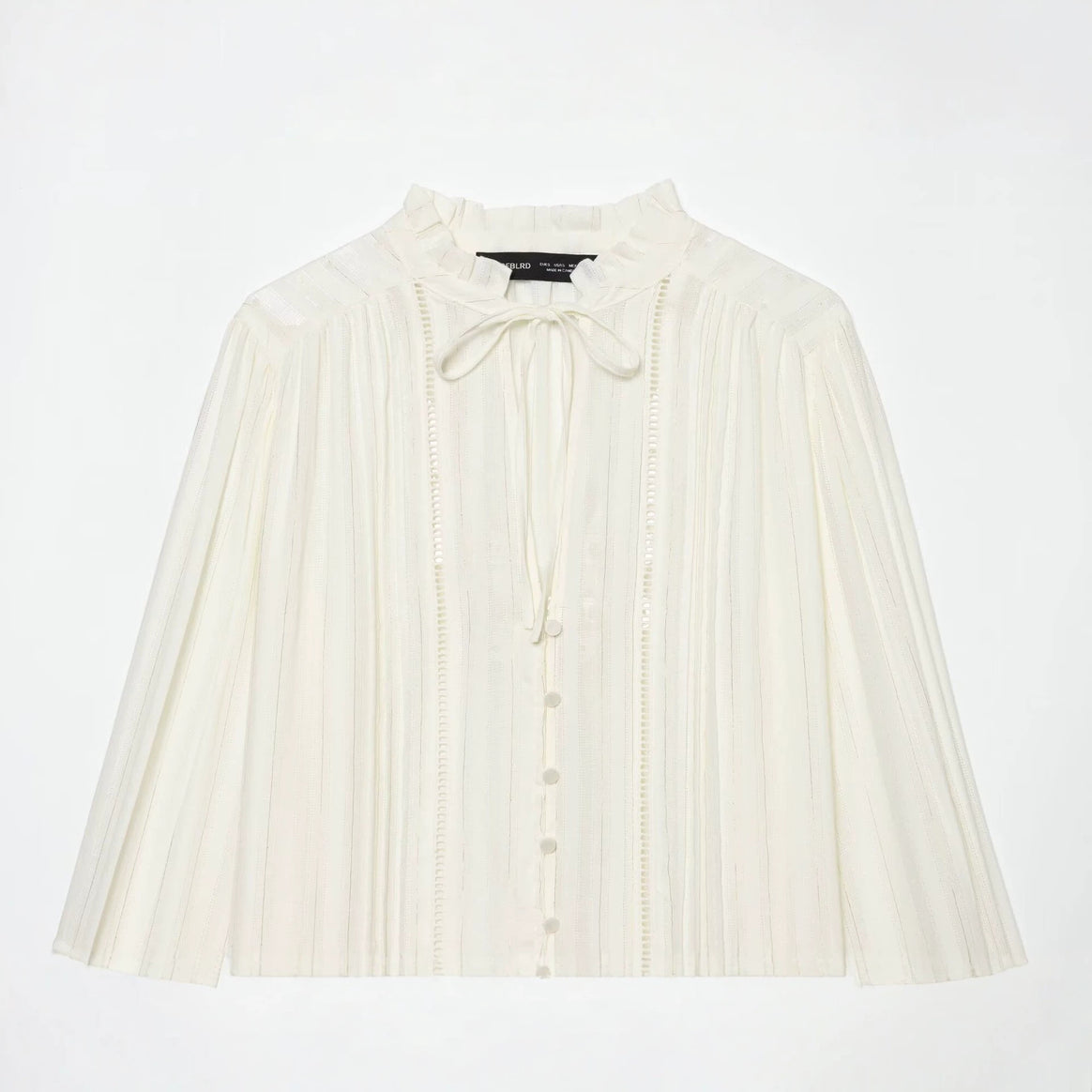 Women's Pleated Blouse with Ruffled Collar, Button Placket and Ribbon Mune Fashion