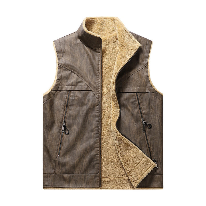Men's Sleeveless Faux Leather Teddy Vest with Stand Collar and Zipper Pockets Mune Fashion