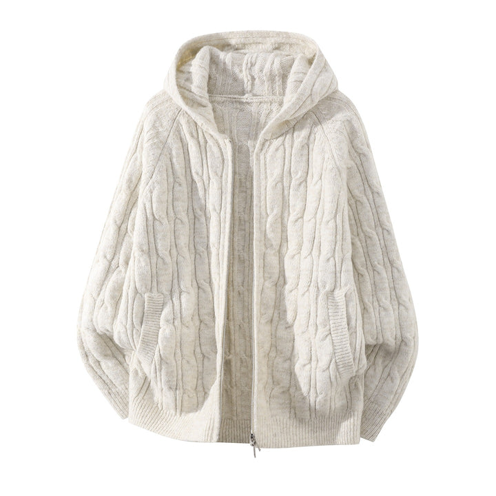 Women's Oversized Hooded Cardigan with Cable Knit Pattern and Separating Zipper Mune Fashion