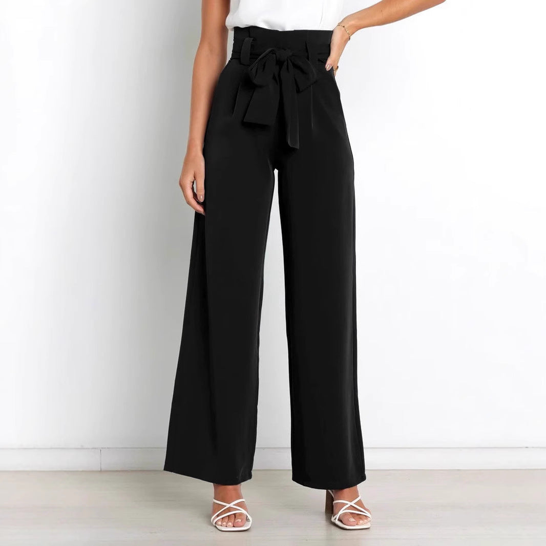 Women's Wide High-Waist Paperbag Pants with Pleats and Tie Belt Drune