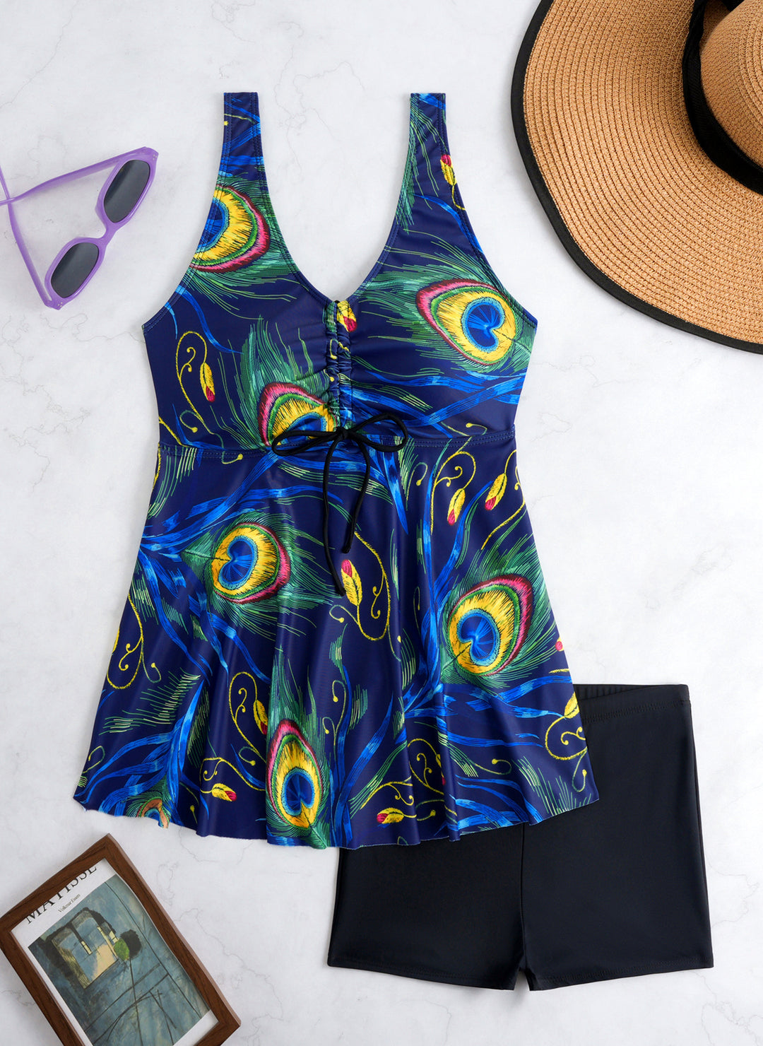 Ladies' tankini set with stylish ruffle and graphic peacock pattern Mune Fashion