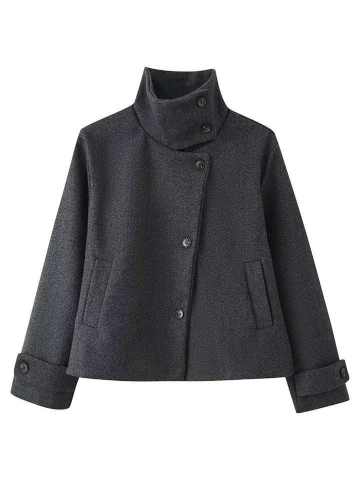 Women short boxy wool jacket with stand-up collar and cuffs Mune Fashion