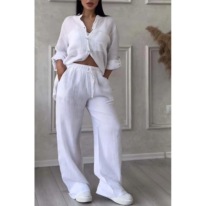 Women's Wide Linen Blend Pants with High Elastic Waistband, Drawstring and Palazzo Silhouette Mune Fashion