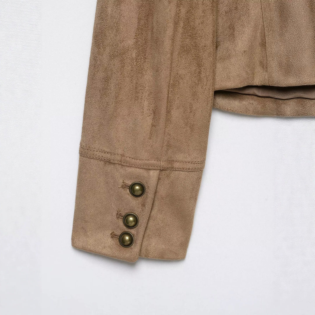Women’s short military-style jacket made of velour imitation with stand-up collar, epaulettes, and decorative button placket Mune Fashion
