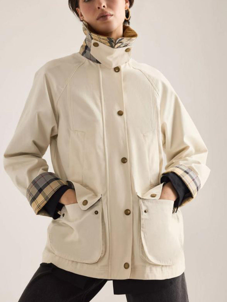 Women's transitional jacket with corduroy collar, checkered inner cuffs, and patch pockets Mune Fashion