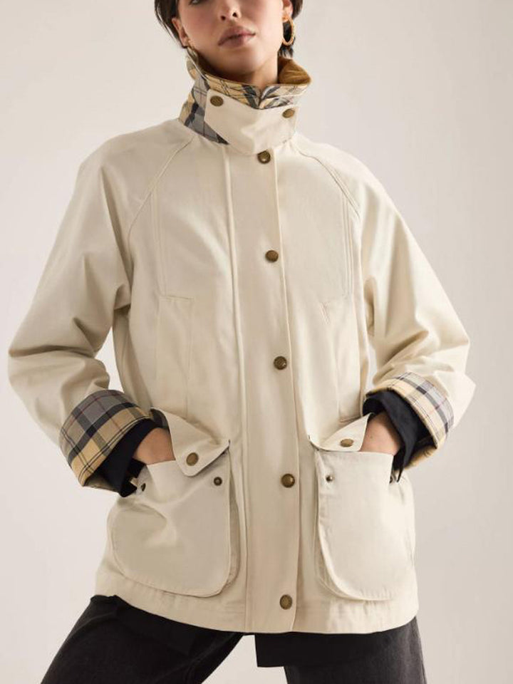 Women's transitional jacket with corduroy collar, checkered inner cuffs, and patch pockets Mune Fashion