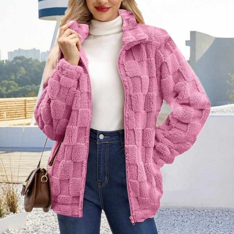 Women's teddy jacket with check structure, stand-up collar and zipper Mune Fashion