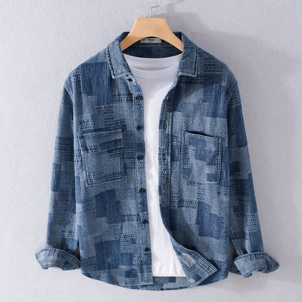 Men's Structured Cord Shirt Jacket in Patchwork Pattern with Kent Collar Mune Fashion