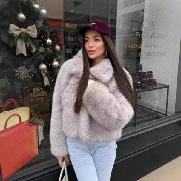 Women's Short-Cut Faux Fur Blouson with Voluminous Shawl Collar and Dense Pile Mune Fashion