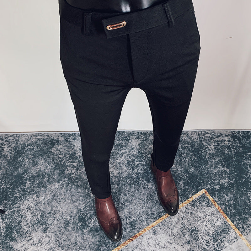 Men's tailored slim-fit suit trousers with elastic waistband, concealed zipper, and fashionable belt detail Mune Fashion