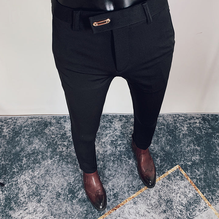 Men's tailored slim-fit suit trousers with elastic waistband, concealed zipper, and fashionable belt detail Mune Fashion