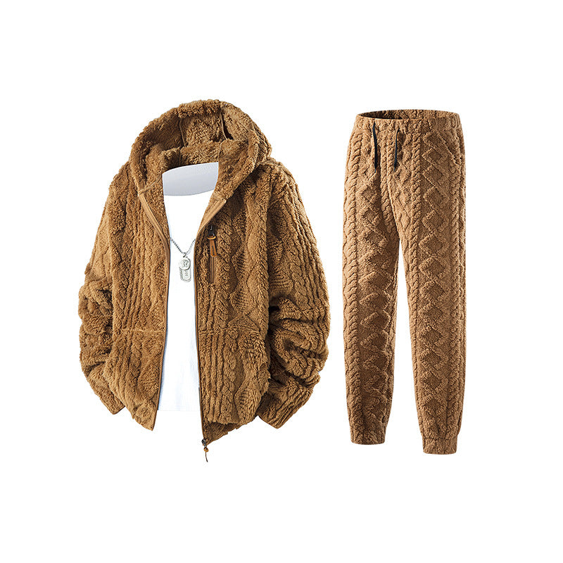 Herren Kuscheliges Sherpa-Fleece Set mit Kapuzenjacke und Strick‑Optik Jogginghose Mune Fashion