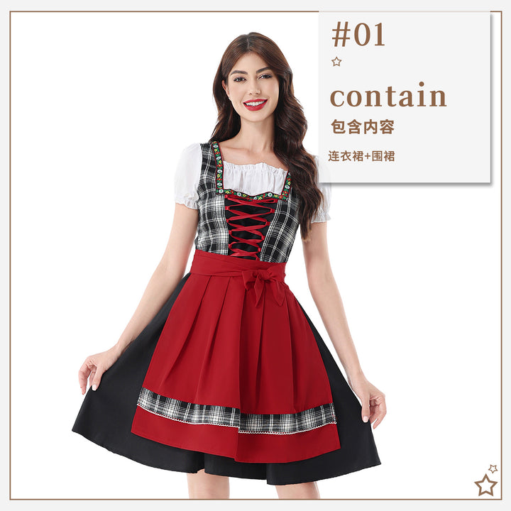 Ladies traditional Dirndl dress with checkered bodice and quilted apron Mune Fashion