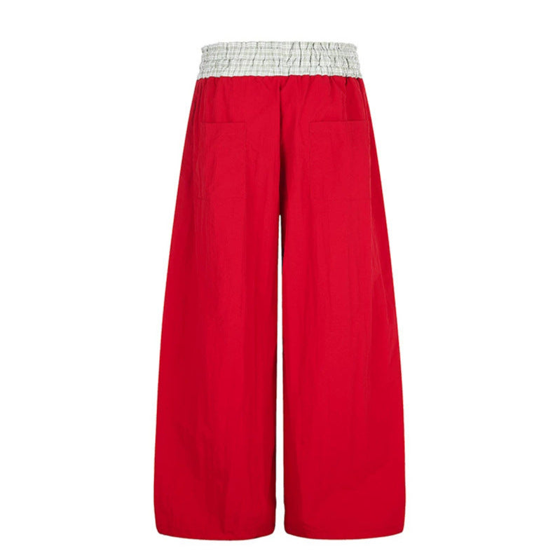 Women's Palazzo Lounge Pants with High Drawstring Waist, Checkered Comfort Waistband and Star Applique Mune Fashion
