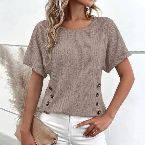 Ladies' knitted fine rib top with round neck and side decorative button placket Mune Fashion