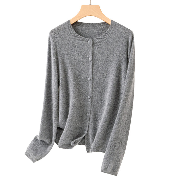 Women Fine Round Neck Cardigan with Button Placket and Light Fleece Mune Fashion