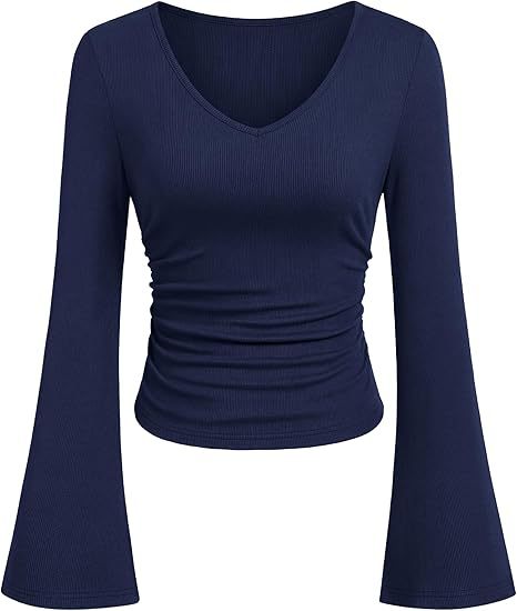 Women's Ribbed Crop Top with V-Neck, Tailored Gathering and Flared Trumpet Sleeves Mune Fashion
