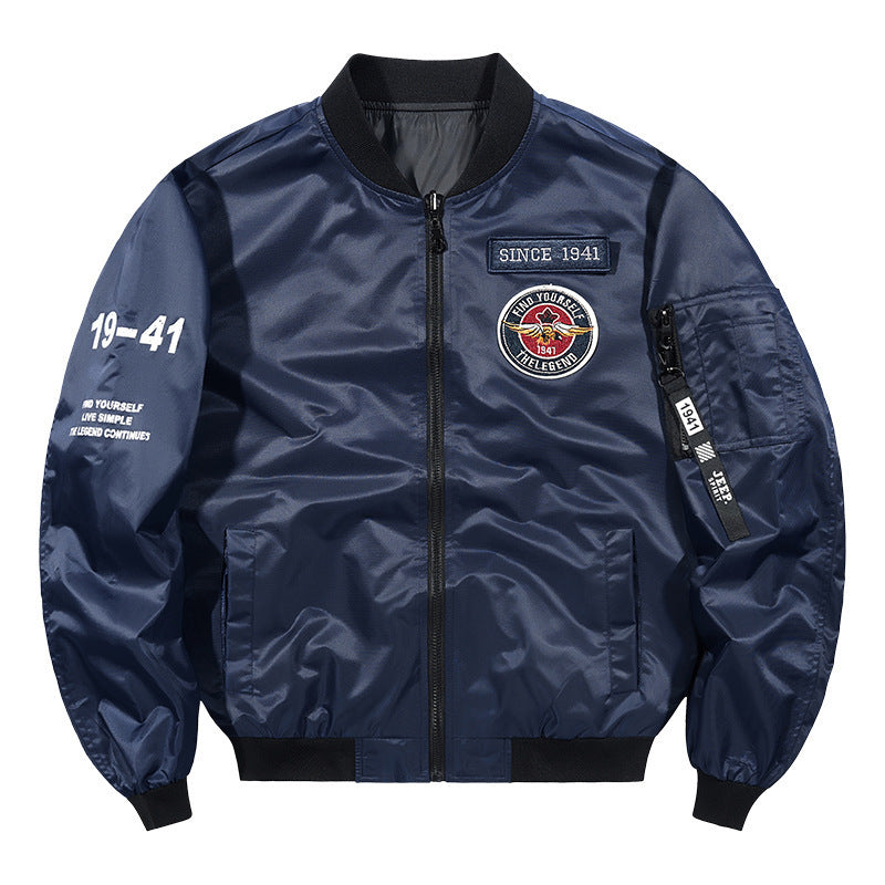 Men's Lightweight Nylon Bomber Jacket in Aviator Style with Patch Details and Arm Pocket Mune Fashion