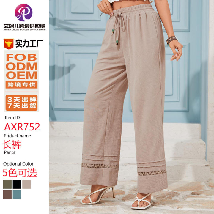 Women's wide linen-look pants with high elastic waistband, drawstring and lace insert Mune Fashion