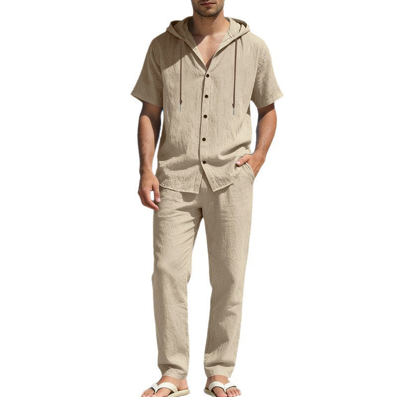 Men's urban leisure set with short-sleeved hoodie shirt, button placket, and straight comfort pants with drawstring Mune Fashion