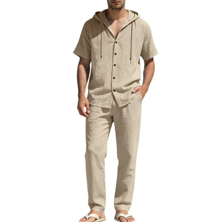 Men's urban leisure set with short-sleeved hoodie shirt, button placket, and straight comfort pants with drawstring Mune Fashion