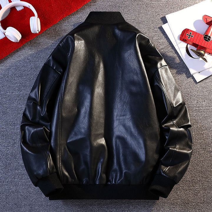 Men's Faux Leather Bomber Jacket with Elastic Ribbed Cuffs and Practical Pockets Mune