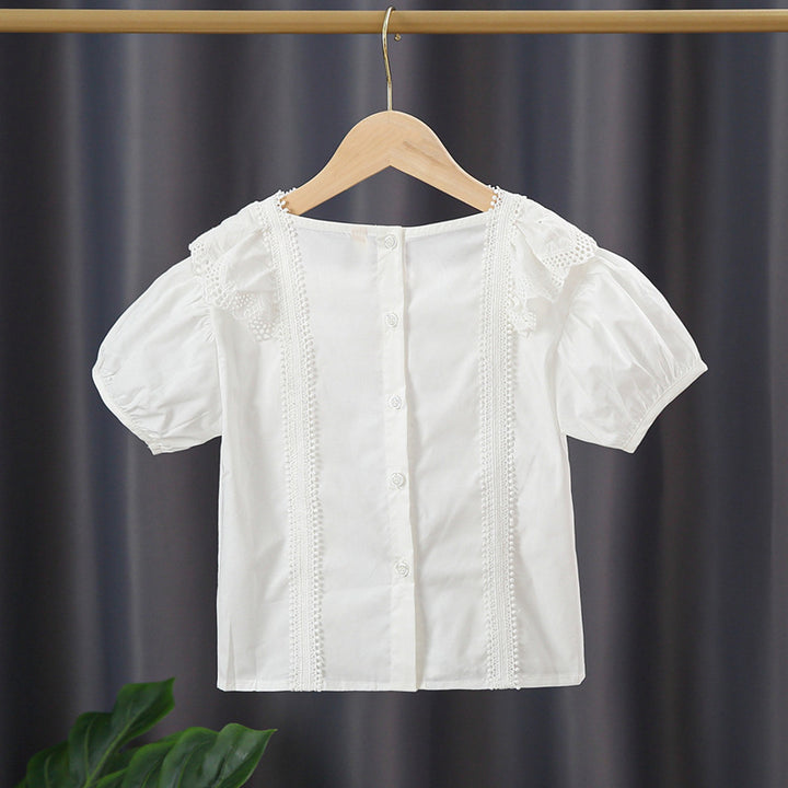 Girls blouse with playful ruffle design and artistic crochet decoration Mune Fashion
