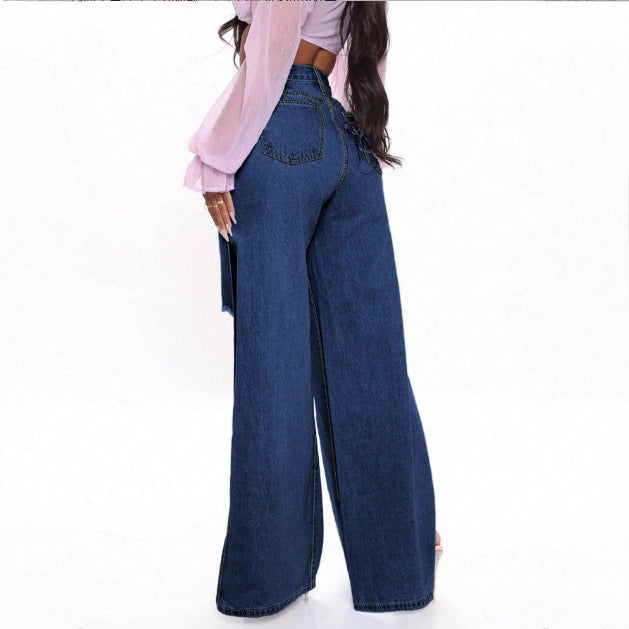 Women's High-Waist Wide-Leg Jeans with High Side Slits and Destroyed Details Mune Fashion