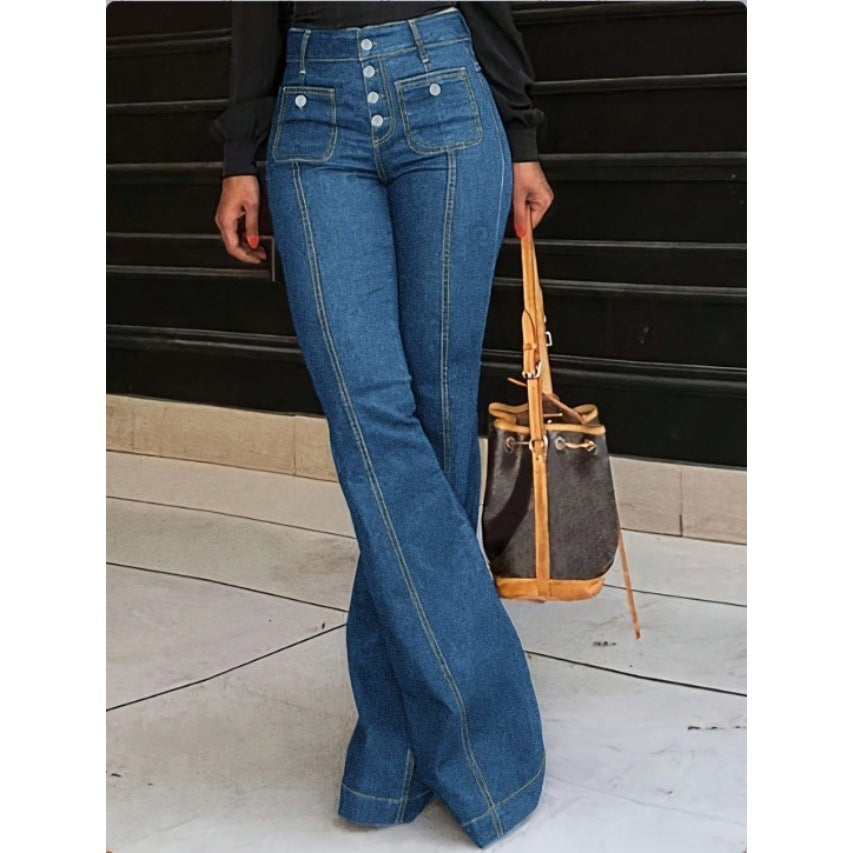 Ladies High-Waisted Flared Jeans with visible center seam, button closure, and patch front pockets Mune Fashion