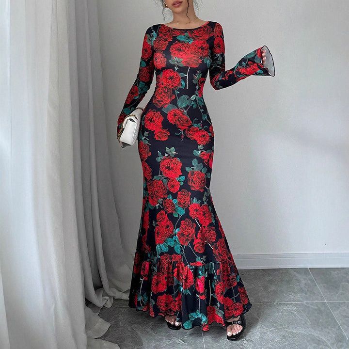 Women's fitted maxi dress with mermaid cut, long bell sleeves, and ruffled hem Mune Fashion