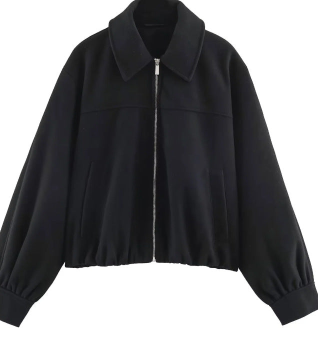 Women’s Short Cut Wool Bomber Jacket with Zipper and Elastic Hem Mune Fashion
