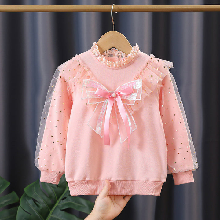 Girls' fashionable sweatshirt with decorative tulle sleeves and bow details Mune Fashion
