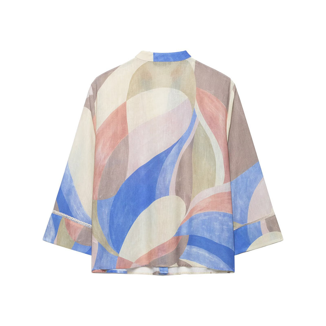 Women's Wide Linen Pants with Abstract Watercolor Print and High Waist Drune