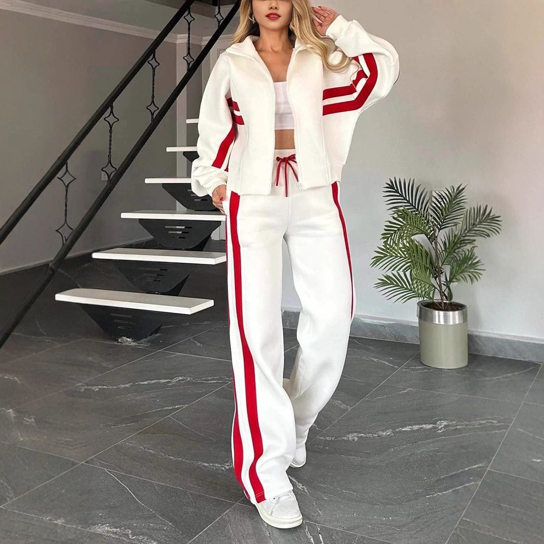 Women Two-Piece Sweat Set with Zipper Jacket and High-Waist Relaxed Jogging Pants Mune Fashion