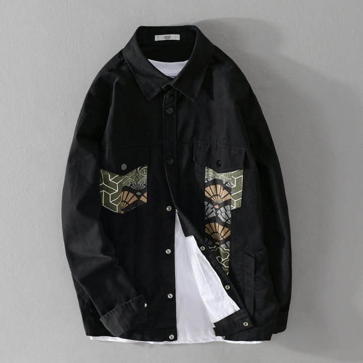 Men's Lightweight Canvas Overshirt in Worker Style with Japanese Pattern Patch and Snap Button Placket Mune Fashion