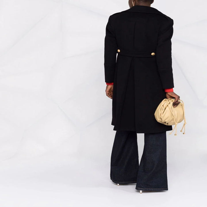 Women Tailored Double-Breasted Coat in Marine Style with Golden Decorative Buttons and Flap Pockets Mune Fashion
