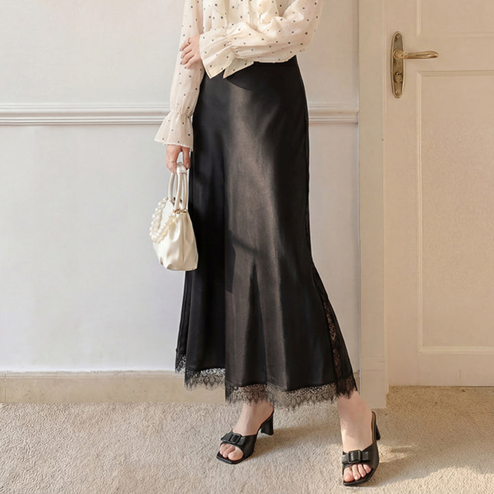 Women's satin midi skirt with delicate lace trim and flowing A-line down