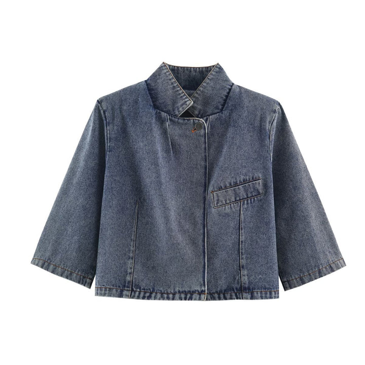 Women's Cropped Jeans Jacket in Boxy Cut with Stand-Up Collar and Three-Quarter Sleeves Mune Fashion