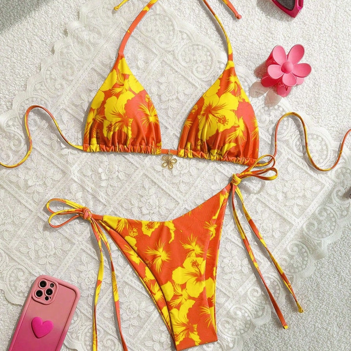 Women's triangle bikini with floral accents and intricate ties Mune Fashion