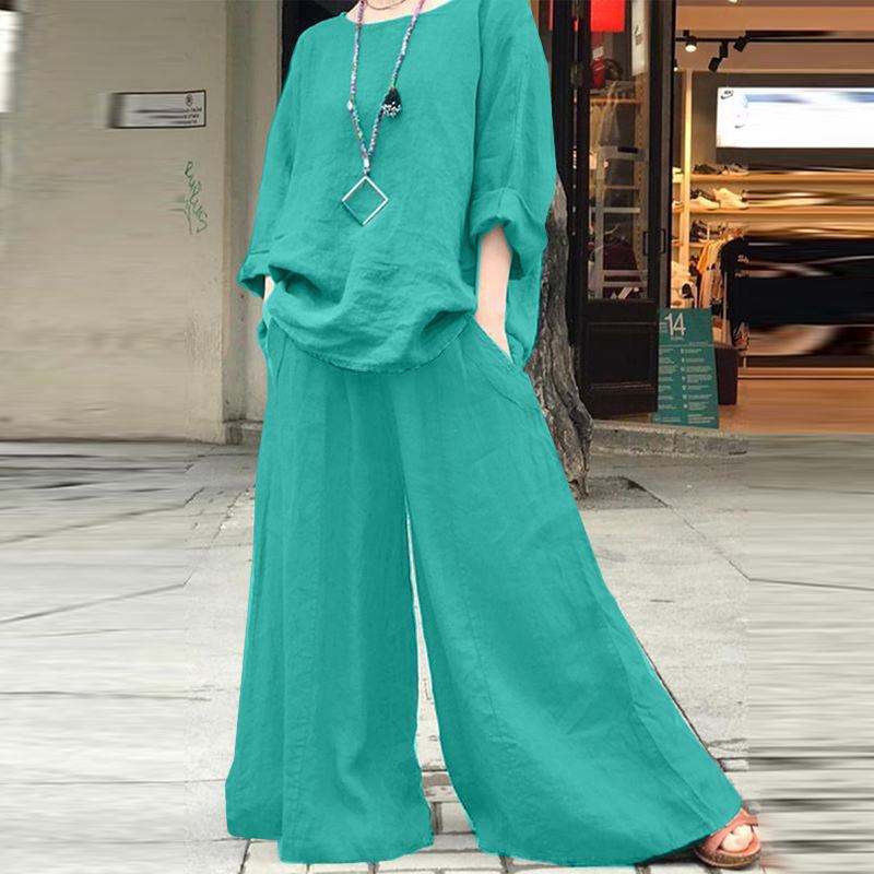 Women's Airy Linen Lounge Set with Boxy Tunic and Extra Wide Palazzo Pants Mune Fashion